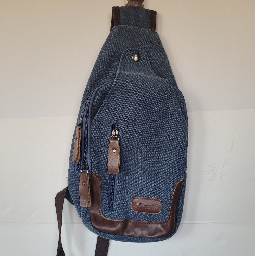 Taotao Canvas Sling Crossbody Bag in Blue with Brown Trim